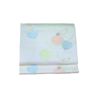 7MNA932 可愛い柄 名古屋帯  六通 パープル 名古屋帯 秀品 扇面 菊 金彩 縮緬 灰紫 正絹｜中古・古着・リサイクル